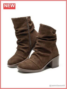 Genuine Leather Slouch Ankle Boots Block Heel Zip Comfort